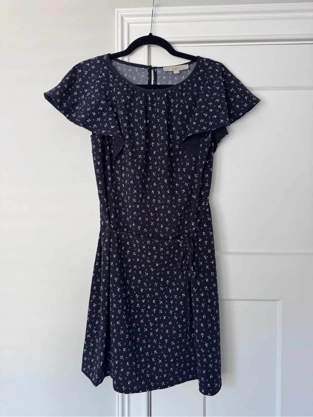 LOFT Navy Floral Flutter-Sleeve Dress